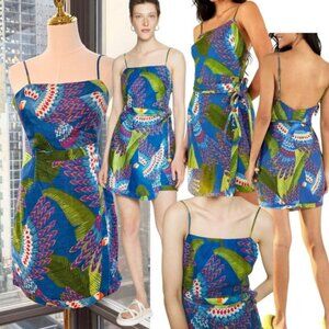 🆕 FARM Rio 🧿 NWOT Blue Macaw Linen Mini Dress, Sz XS *MISSING BELT*